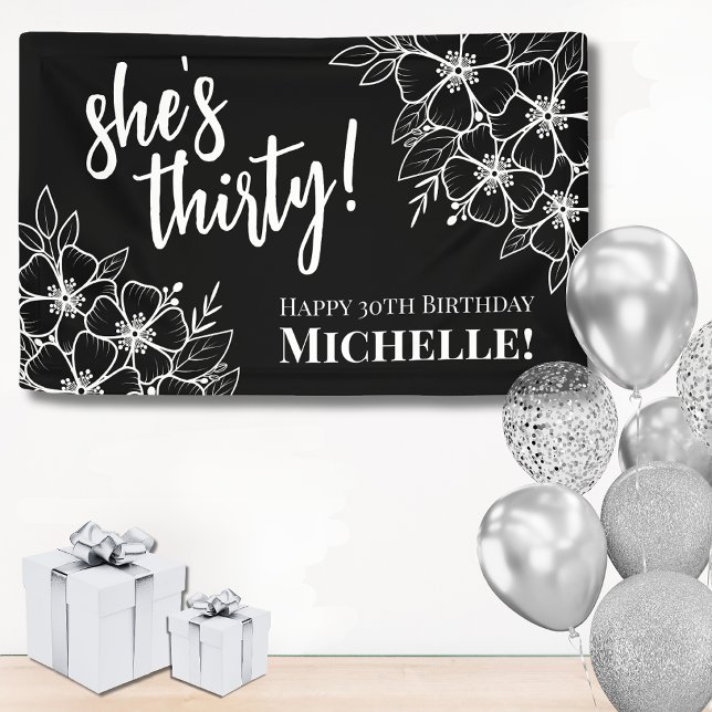 Thirty 30th Birthday Party Banner (Thirty Black And White 30th Birthday Party Banner )