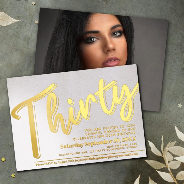 Thirty 30th Birthday party white with gold script (Creator Uploaded)
