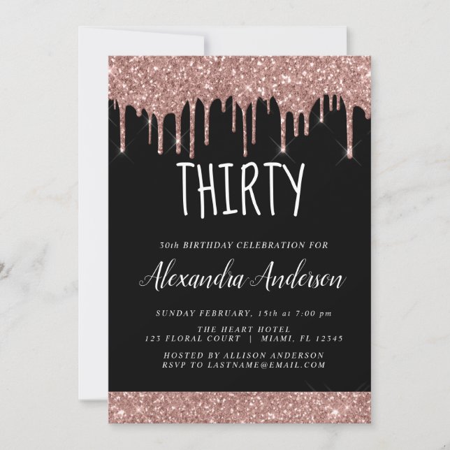Thirty - 30th Glitter Rose Gold Black Birthday Invitation (Front)