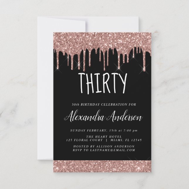 Thirty - 30th Rose Gold Black Glitter Birthday Invitation (Front)