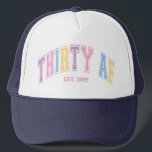 Thirty AF Custom Funny Turning 30 Birthday Trucker Hat<br><div class="desc">Celebrate the big 30 in style with this funny "Thirty AF" trucker hat Featuring a custom birth year, this retro-inspired design makes the perfect birthday gift for her. The collegiate-style font with bold, colourful letters adds a nostalgic touch, Comfy, trendy, and full of attitude—because turning 30 is a vibe! Rock...</div>
