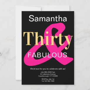 Thirty and Fabulous 30th Birthday Black Gold Pink Invitation