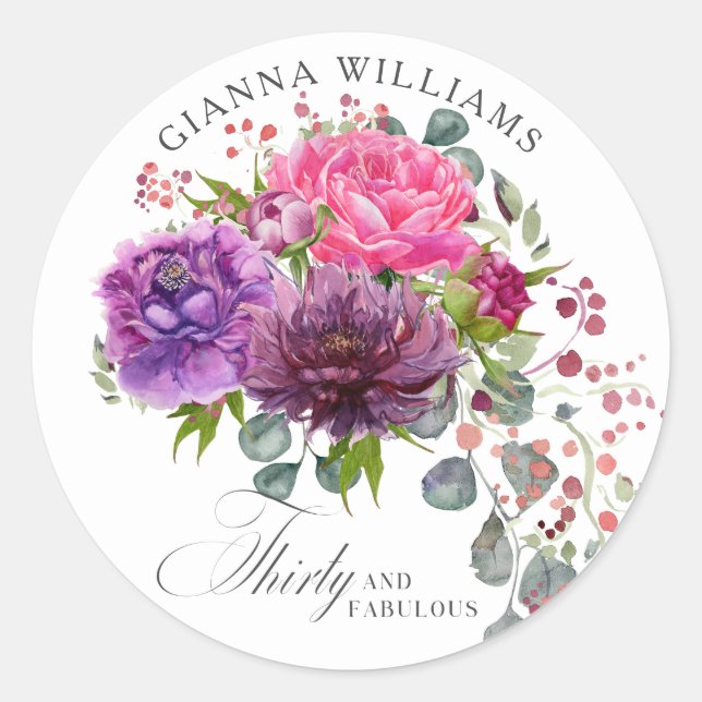 Thirty and Fabulous Elegant Floral 30th Birthday Classic Round Sticker (Front)