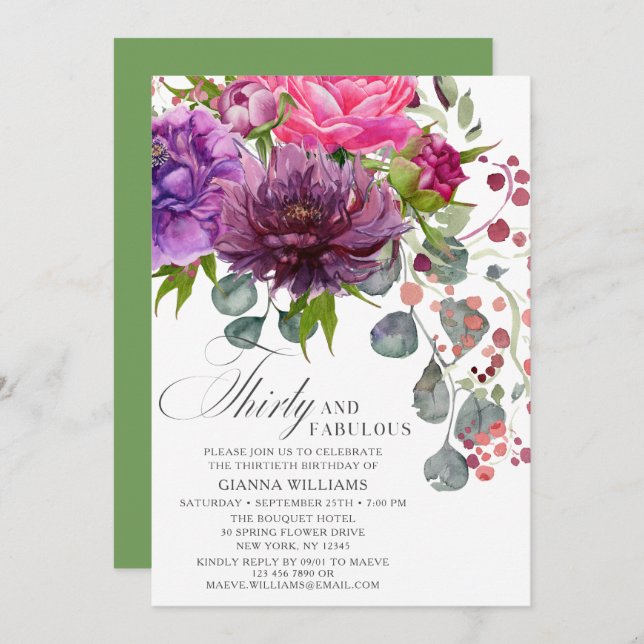 Thirty and Fabulous Elegant Floral 30th Birthday Invitation (Front/Back)