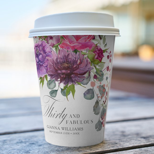 Thirty and Fabulous Elegant Floral 30th Birthday Paper Cups (Creator Uploaded)