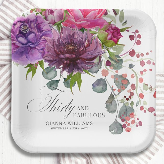 Thirty and Fabulous Elegant Floral 30th Birthday Paper Plate (Creator Uploaded)