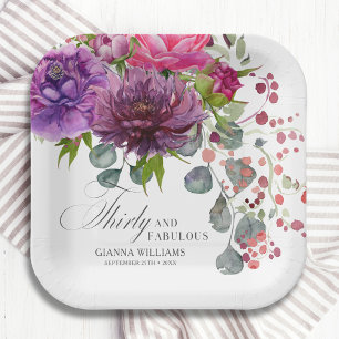 Thirty and Fabulous Elegant Floral 30th Birthday Paper Plate