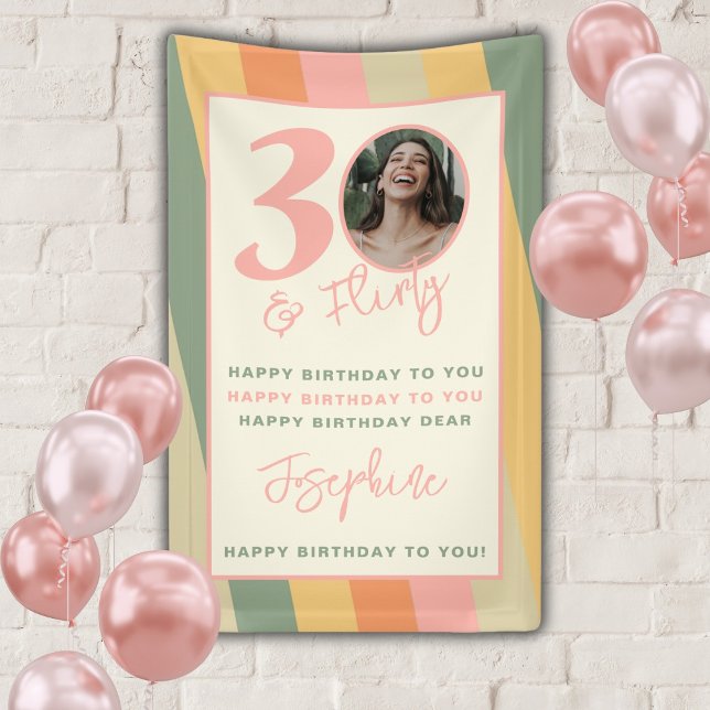 Thirty and Flirty Boho Pink Photo Birthday Party Banner (Creator Uploaded)