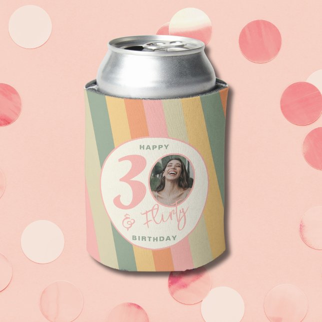 Thirty and Flirty Boho Pink Photo Birthday Party Can Cooler (Creator Uploaded)
