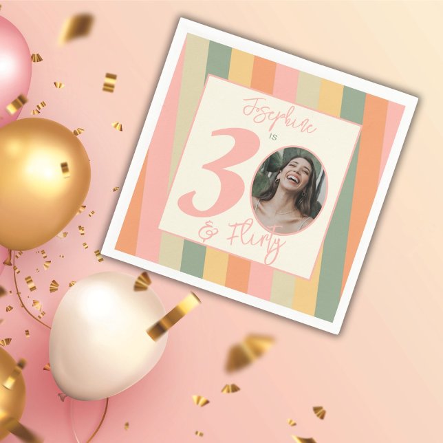 Thirty and Flirty Boho Pink Photo Birthday Party Napkin (Creator Uploaded)