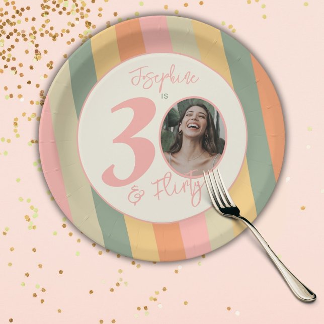 Thirty and Flirty Boho Pink Photo Birthday Party Paper Plate (Creator Uploaded)