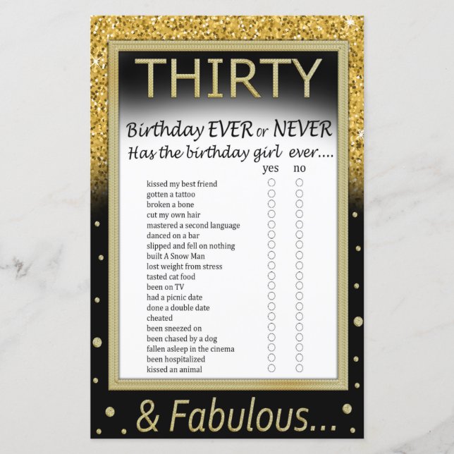 Thirty Birthday Ever or Never Game (Front)