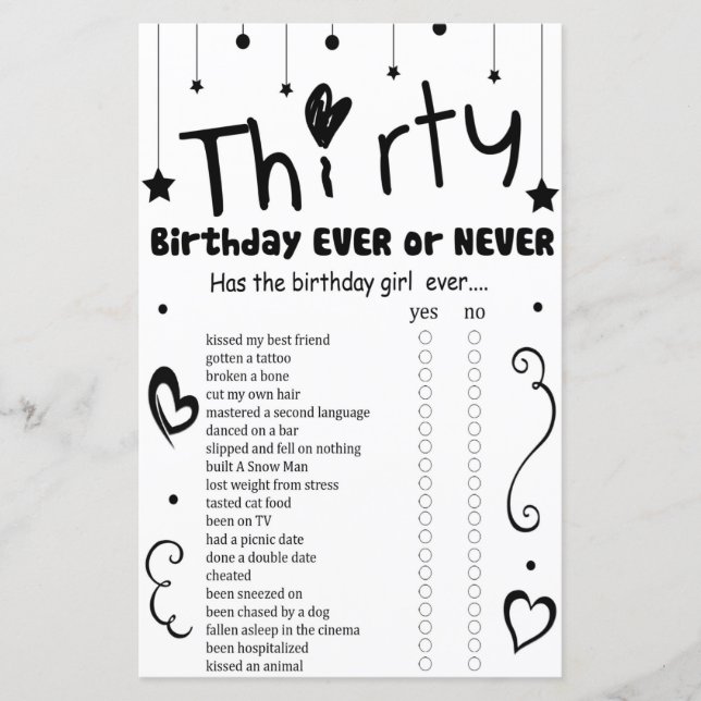 Thirty Birthday ever or never game (Front)