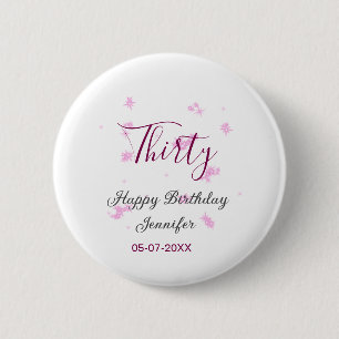 Thirty birthday pink glitter stars black 30th date 6 cm round badge