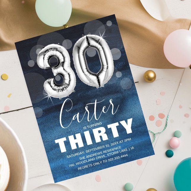 Thirty Birthday Silver Balloon | Blue Party Invitation (Creator Uploaded)