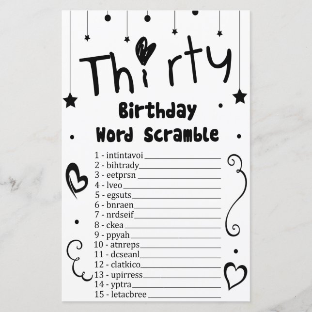 Thirty Birthday Word Scramble Game (Front)