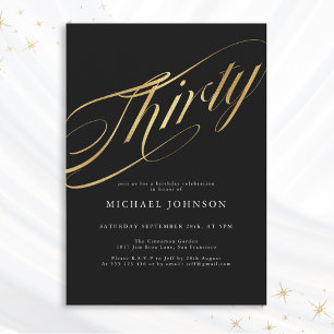 Thirty Black and Gold Modern 30th Birthday Invitation