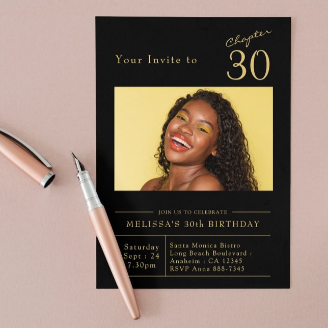Thirty Black Gold 30th Birthday Party Photo Invitation (Black and good 30th birthday invitation on a blush pink background.)
