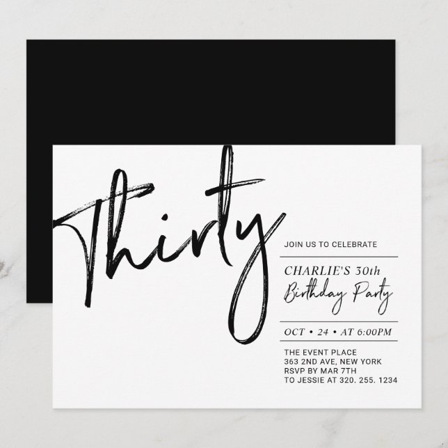 Thirty | Black & White Modern 30th Birthday Party Invitation (Front/Back)