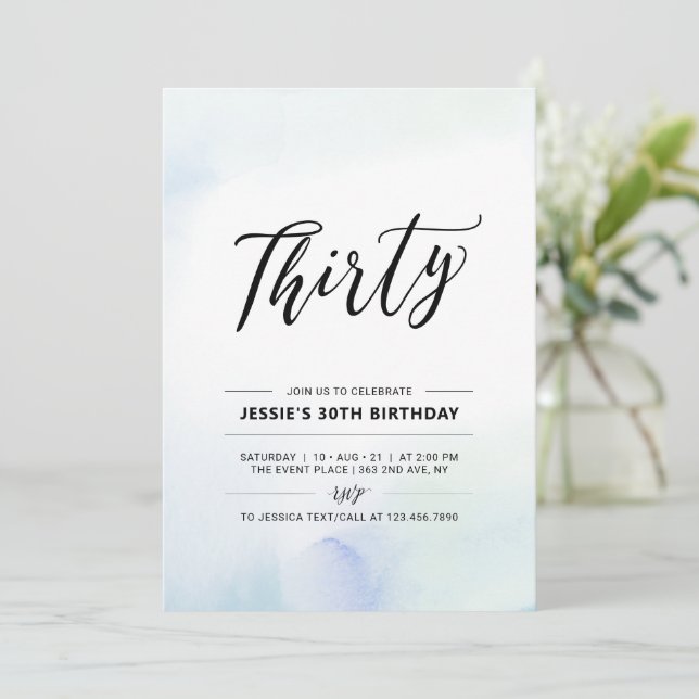 Thirty | Blue 30th Birthday Party Watercolor Invitation (Standing Front)