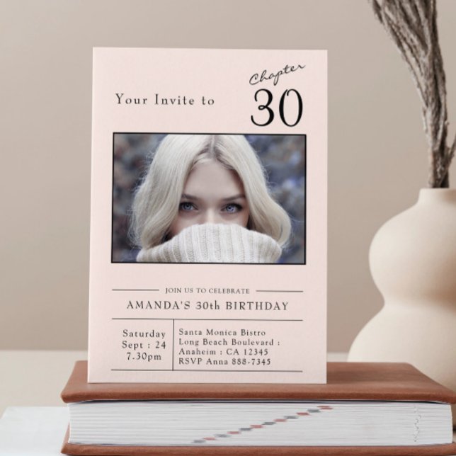 Thirty Blush Pink 30th Birthday Party Photo Invitation (Custom blush pink 30th birthday party invitation on a book.)