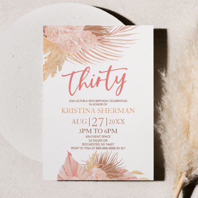 Thirty Boho Pink Floral Flower 30th Birthday Party Invitation (Creator Uploaded)
