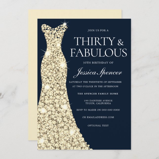Thirty & Fabulous!! Gold Dress Gown 30th Birthday Invitation (Front/Back)