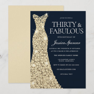 Thirty & Fabulous!! Gold Dress Gown 30th Birthday Invitation