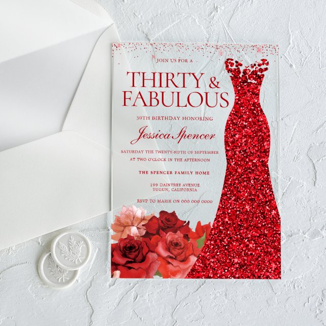 Thirty & Fabulous! Red Dress 30th Birthday Party Acrylic Invitations (Creator Uploaded)