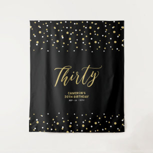 Thirty Gold & Black 30th Birthday Party Backdrop Tapestry