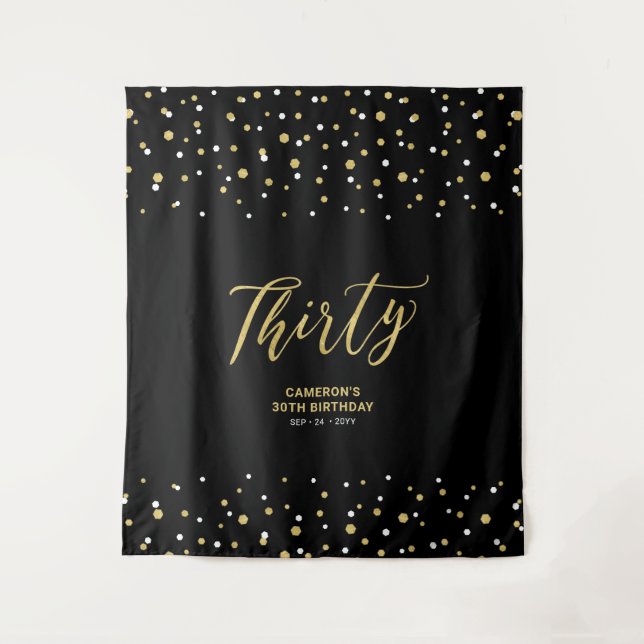 Thirty | Gold & Black 30th Birthday Party Backdrop Tapestry (Front)