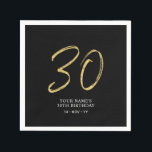 Thirty | Gold & Black Lettering 30th Birthday Napkin<br><div class="desc">This simple custom napkin will add stylish details to your 30th birthday party. This design features gold chic lettering "30" with custom text on a black background. Matching invitations and party supplies are available in my shop BaraBomDesign.</div>