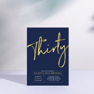 Thirty   Gold & Blue Modern 30th Birthday Party Invitation