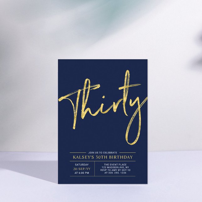 Thirty | Gold & Blue Modern 30th Birthday Party Invitation (Creator Uploaded)