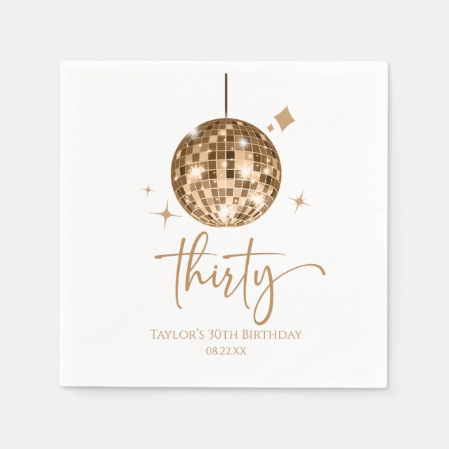 Thirty Gold Disco Ball 30th Birthday Party Napkin (Front)