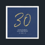 Thirty | Gold & Navy Blue Lettering 30th Birthday Napkin<br><div class="desc">This simple custom napkin will add stylish details to your 30th birthday party. This design features gold chic lettering "30" with custom text on a navy blue background. Matching invitations and party supplies are available in my shop BaraBomDesign.</div>