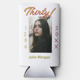 thirty golden maroon photo name date birthday tren seltzer can cooler