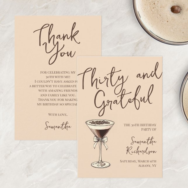 Thirty & Grateful Espresso Cocktail 30th Birthday Thank You Card (Thirty & Grateful Espresso Cocktail 30th Birthday Thank You Card)