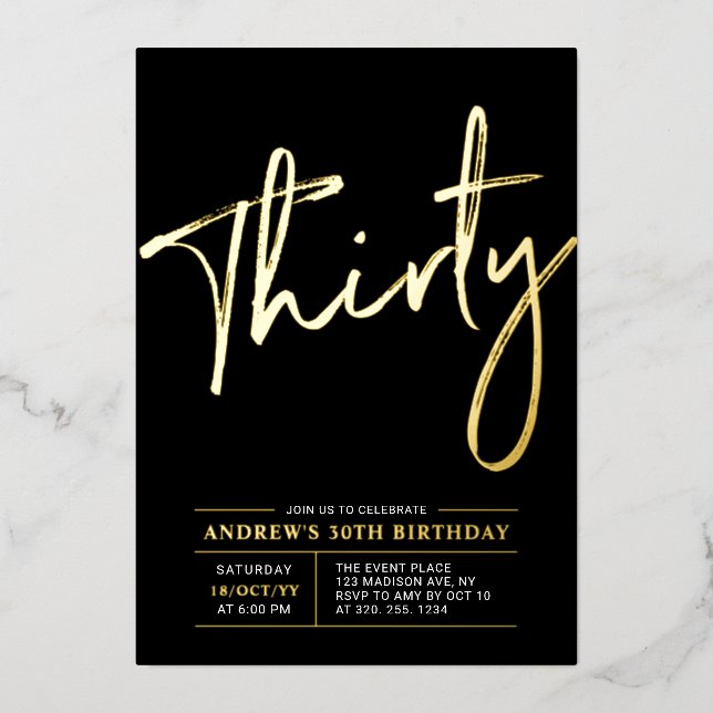 Thirty | Modern Gold & Black 30th Birthday Party (Front)