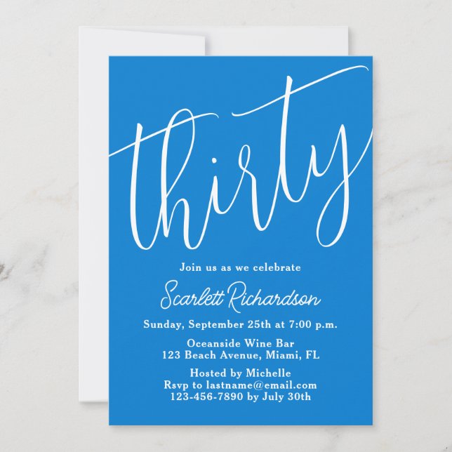 Thirty Modern Script Blue 30th Birthday Party Invitation (Front)