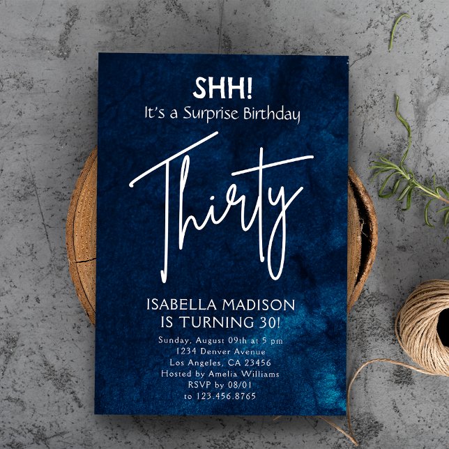 Thirty | Navy Blue 30th Birthday Surprise Party Invitation (Thirty | Navy Blue 30th Birthday Surprise Party Invitation
)
