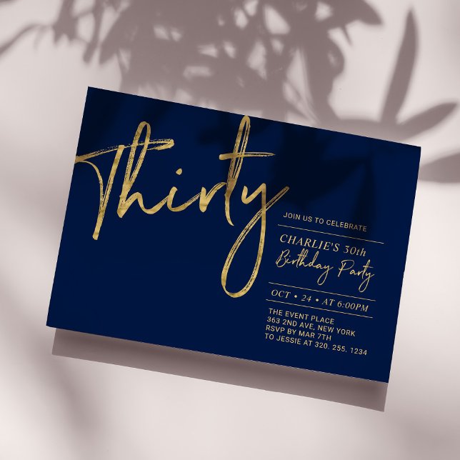 Thirty | Navy & Gold Modern 30th Birthday Party Invitation (Creator Uploaded)