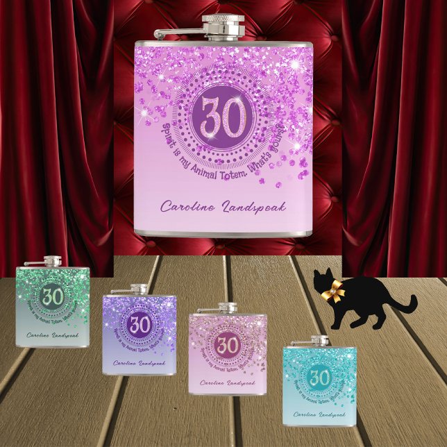 Thirty & Pink Glitter & Drinking Quote Hip Flask (Creator Uploaded)