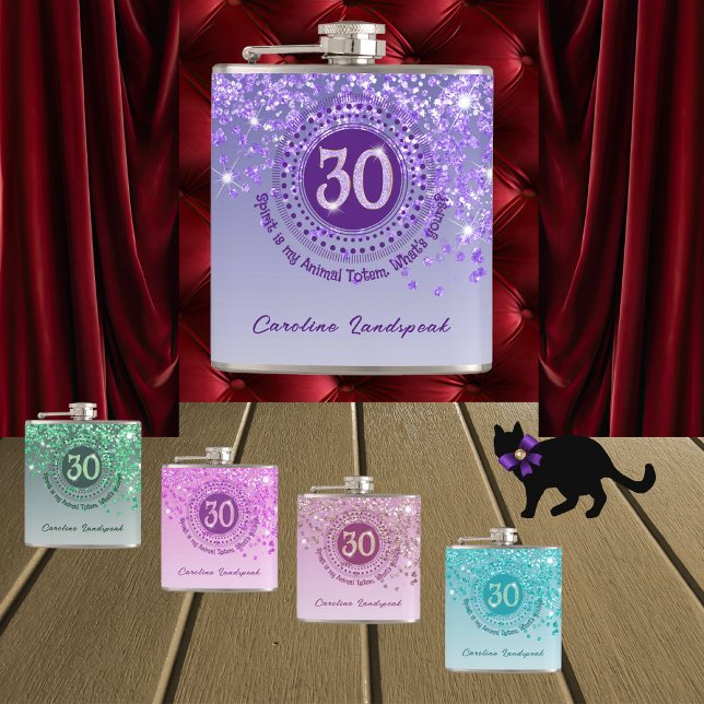 Thirty & Purple Glitter & Drinking Quote Hip Flask (Creator Uploaded)