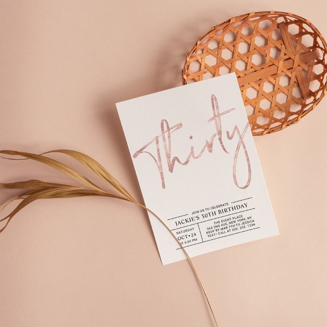 Thirty | Rose Gold Modern 30th Birthday Party Invitation (Creator Uploaded)