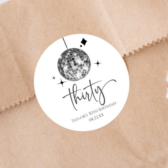 Thirty Silver Disco Ball 30th Birthday Party Classic Round Sticker (Creator Uploaded)