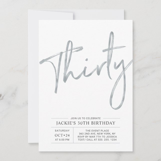 Thirty | Silver Modern 30th Birthday Party Invitation (Front)
