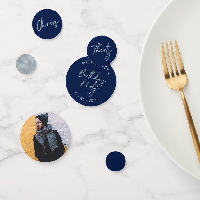 Thirty | Silver & Navy Modern 30th Birthday Photo Confetti (Group)