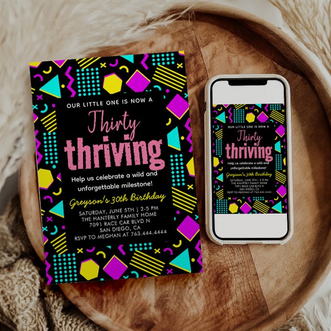 Thirty & Thriving Black and Retro Birthday Invitation (Creator Uploaded)