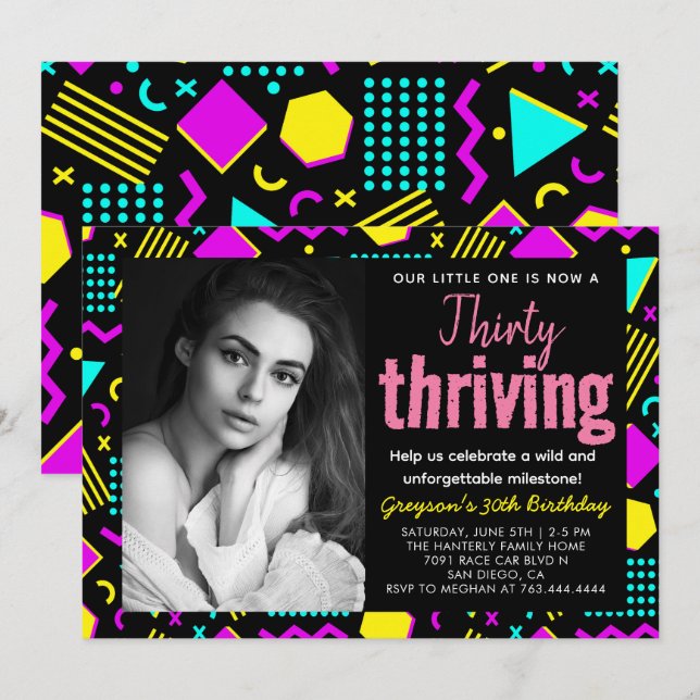 Thirty & Thriving Black and Retro Birthday photo Invitation (Front/Back)